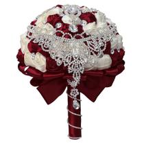 Buquê de casamento de noiva, rosa de cetim vermelho com enfeite de cristal