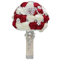 Buquê de casamento de noiva rosa de cetim vermelho e branco com cristal