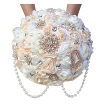 Buquê de casamento de noiva, rosas de cetim de marfim e pêssego com strass