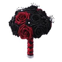 Buquê de casamento de noiva, rosas de seda sintética góticas vermelhas e pretas Buquê de casamento de noiva, rosas de seda sintética góticas vermelhas e pretas