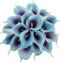 Buquê de casamento Duovlo, 20 peças, Calla Lily Bridal, látex, flores artificiais, decoração de festa em casa (roxo em azul)