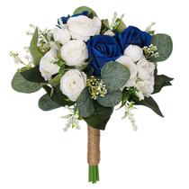 Buquê de casamento nupcial azul e branco com rosas de seda sintética 27x24cm Buquê de casamento nupcial azul e branco com rosas de seda sintética 27x24cm