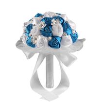 Buquê de casamento nupcial azul pavão e rosas brancas de seda sintética Buquê de casamento nupcial azul pavão e rosas brancas de seda sintética