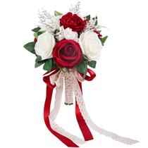 Buquê de casamento nupcial de rosas artificiais vermelhas e brancas com renda Buquê de casamento nupcial de rosas artificiais vermelhas e brancas com renda