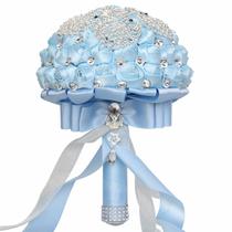 Buquê de casamento nupcial de rosas de cetim azul claro com strass