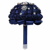 Buquê de casamento nupcial de rosas de cetim azul marinho com cristais