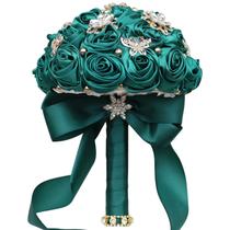 Buquê de casamento nupcial, rosas de cetim verde esmeralda com strass