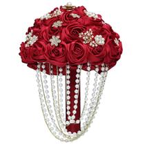 Buquê de casamento nupcial, rosas de cetim vermelhas com pérolas e strass