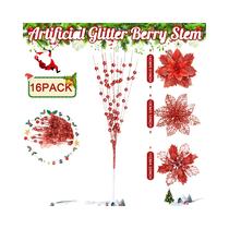 Buquê De Flores Artificiais Com Glitter E Frutas Vermelhas 16 Peças Enfeites Para Árvore De Natal Buquê De Flores Artificiais Com Glitter E Frutas Vermelhas 16 Peças Enfeites Para Árvore De Natal
