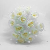 Buquê de Noiva Artesanal com Rosas Brancos e Laço Off-White