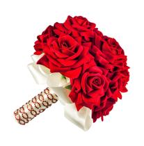 Buquê de Noiva Madrinhas Noivinhas de Luxo com Rosas Vermelhas Cetim cor Creme com Brilhos Vermelhos - Amor Lindo