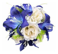 Buquê De Noiva Realista Lírios E Rosas Azul Royal E Branco