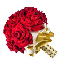 Buquê De Noiva Rosas Vermelhas Cetim Dourado, Creme Corações - Amor Lindo