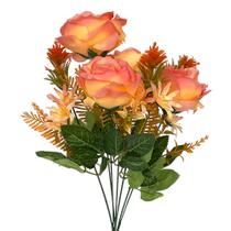 Buquê de Rosa Flores Artificiais X7 Salmão Decorativa