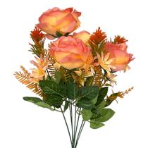 Buquê de Rosa Flores Artificiais X7 Salmão Decorativa
