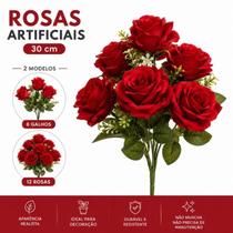 Buquê de Rosas Artificiais 6 ou 12 Flores Vermelhas 30cm Decoração Arranjo Floral Vaso Festa Casamen Buquê de Rosas Artificiais 6 ou 12 Flores Vermelhas 30cm Decoração Arranjo Floral Vaso Festa Casamen
