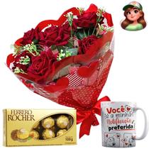 Buquê de Rosas Artificiais + Ferrero Rocher + Caneca Amor