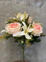 Buquê de Rosas e Lírios - Salmão e Branco de 31cm - Flórida Decorações