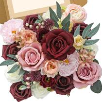 Buquê de seda de flores artificiais Serwalin Burgundy Pink Roses Buquê de seda de flores artificiais Serwalin Burgundy Pink Roses