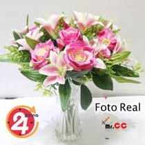 Buquê/galho Rosas Lírios Artificial 12 Flores C/folhagens - oem