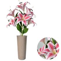 Buquê Lirio Artificial Com Vaso Liso e Pedras Brancas Mesa