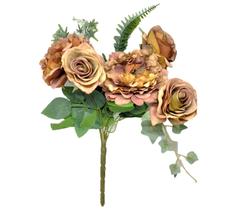 Buquê Peônia e Rosas Pêssego Fosco 5 Flores Folhagens Realistas 40cm