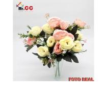 Buquê Rosa Envelhecido Galho C/9 Flores Artificial Arranjo