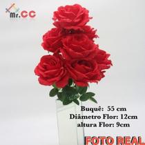 Buquê Rosas Aberta Artificial C/7 Flores Galho Arranjo 55cm