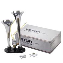 Buzina 2 Cornetas Cromadas Eletropneumática Universal Caminhão 12V - Vetor VT043