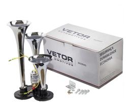 Buzina Eletropneumática Vetor Auto Para Caminhão 3 Cornetas Cromadas 12/24v Com Solenóide - VT049
