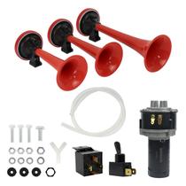 Buzina Verdureiro 3 Cornetas Com Toque Alternado 2 Sons Mini Compressor 12V 4 Saidas Rele Carro Automtoivo