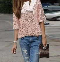 C0202-N0378-Blusa Camisa Feminina Lantejoula Paetê Réveillon Luxo C0202-N0378-Blusa Camisa Feminina Lantejoula Paetê Réveillon Luxo