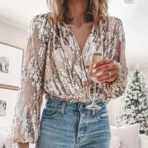 C0307-Blusa Top Cropped Manga Longa Lantejoula Festa Elegante 286m