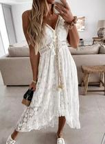 C0401-Vestido Longo Branco Bordado Renda Festa Casamento Civil Noiva Réveillon Franja Elegante