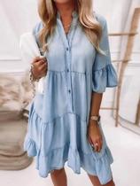C0405-Vestido Solto Largo Comfy Jeans Babado Botões Soltinho Ag122 C0405-Vestido Solto Largo Comfy Jeans Babado Botões Soltinho Ag122