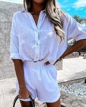 C0501-Conjunto Feminino Blusa Short Linho Casual Chique U7 C0501-Conjunto Feminino Blusa Short Linho Casual Chique U7