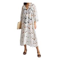 C0605-Vestido Solto Largo Comfy Renda Richelieu Vazado Ag112