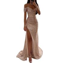 C1305-Vestido Festa Evento Luxo Brilhante Decotado Paetê J0522