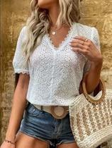 C2501-Camisa Blusa Feminina Branco Laise Lese Rechilieu Plus Size