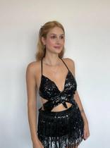 c27 g0908+c2701-Conjunto Feminino Top Cropped Borboleta Saia Franja 5f1807