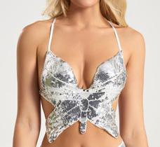 C27-G0908-Top Cropped Blusa Dourado Prateado Festa Balada Carnaval Paetê Borboleta Sexy Brilho