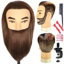 Cabeça de manequim masculina com barba, cosmetologia de cabelo humano 100% real