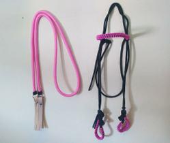 Cabeçada Corda Rosa Trançada + Rédea Trançada Para Mula