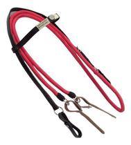 Cabeçada e Rédea Para Cavalo Preta Trançada Aplique Zamac Circular Rédea Vermelha