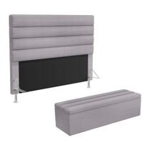 Cabeceira Atlas e Calçadeira Baú Ursa 140 para Cama de Casal N-023 Veludo Cinza Claro Aradecor