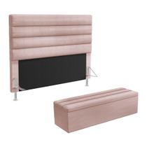 Cabeceira Atlas e Calçadeira Baú Ursa 160 para Cama Queen N-031 Veludo Rosê Claro Aradecor