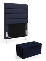 Cabeceira Atlas e Calçadeira Baú Ursa 90 para Cama de Solteiro A-019 Couro Azul Aradecor