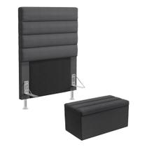 Cabeceira Atlas e Calçadeira Baú Ursa 90 para Cama de Solteiro N-022 Veludo Chumbo Aradecor