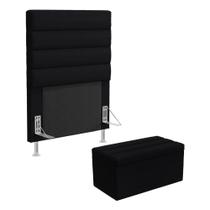 Cabeceira Atlas e Calçadeira Baú Ursa 90 para Cama de Solteiro N-024 Veludo Preto Aradecor