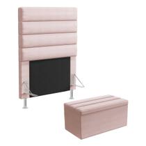 Cabeceira Atlas e Calçadeira Baú Ursa 90 para Cama de Solteiro N-031 Veludo Rosê Claro Aradecor